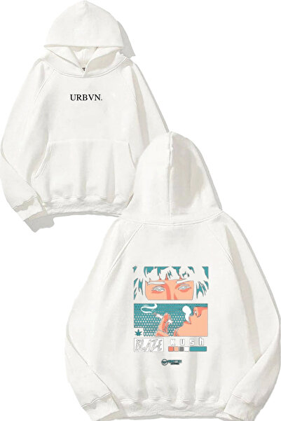 urbvn بليز ديزاين مطبوع قصة فضفاضة سويت شيرت أبيض بغطاء رأس