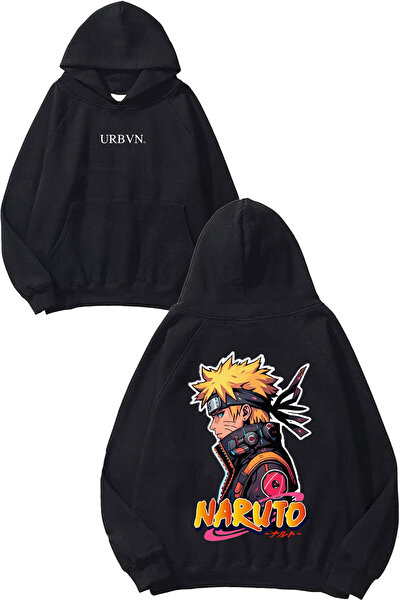 urbvn Naruto Face Design Printed Oversized Black Hooded Sweatshirt