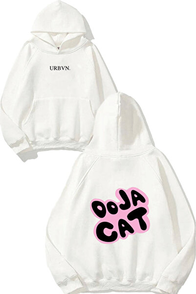 urbvn تصميم دوجا كات مطبوع قصة فضفاضة سويت شيرت أبيض بغطاء رأس