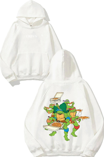 urbvn Pizza Turtles Design Printed Oversized White Hooded Sweatshirt