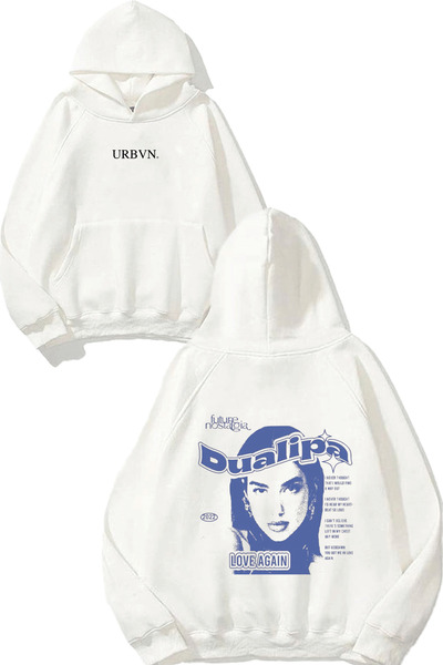 urbvn تصميم Future Nostalgia مطبوع قصة فضفاضة سويت شيرت أبيض بغطاء رأس
