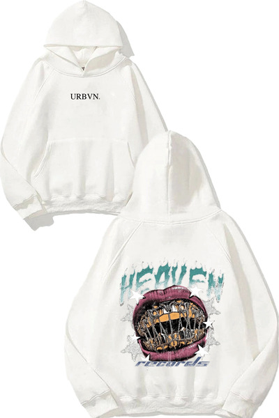 urbvn تصميم هيفن ريكوردز مطبوع قصة فضفاضة سويت شيرت أبيض بغطاء رأس