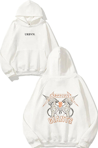 urbvn سويت شيرت جاينتس ديزاين مطبوع قصة فضفاضة أبيض بغطاء رأس