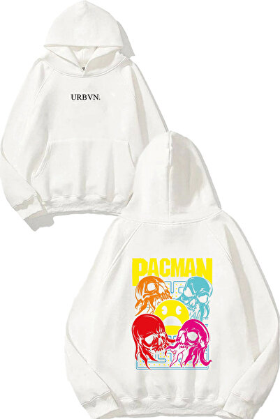 urbvn تصميم باك مان الملون مطبوع قصة فضفاضة سويت شيرت أبيض بغطاء رأس