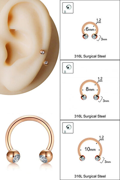 Cadının Dükkanı 3 mm Taşlı Rose Çelik Yarım Halka Piercing-Septum,Tragus,Dait...