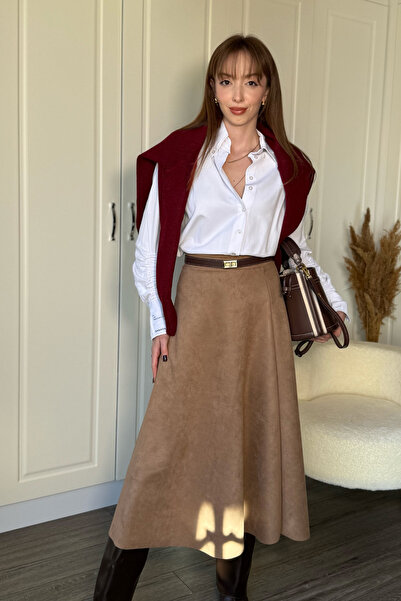 Dilay Gökoğlu Butik Κομψή φούστα σουέτ μίντι μπεζ