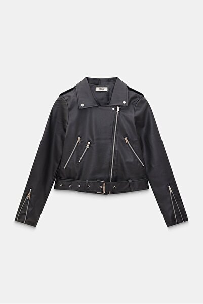 Saade Women's Relax Fit Shirt Collar Belted Pocket Faux Leather Biker Crop Jacket - Zipper Detail