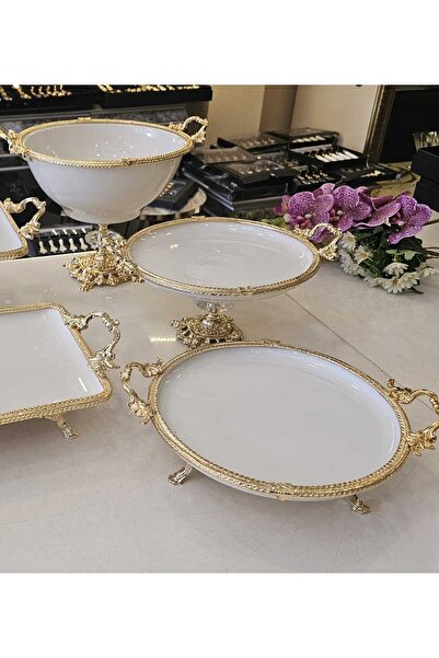 MaviDamla Cast Edge Frameded Footed Porcelain Presentation Set Gold 10 Pieces