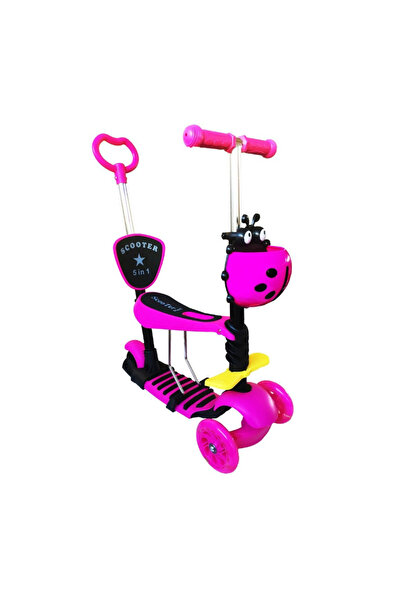 JHT Scooter 5-in-1 for children, light-up wheels, push handle, ladybug basket, seat with backrest, pink