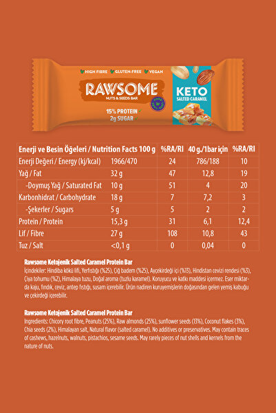 Rawsome Ketojenik Salted Caramel Protein Bar 40 x 5 Adet