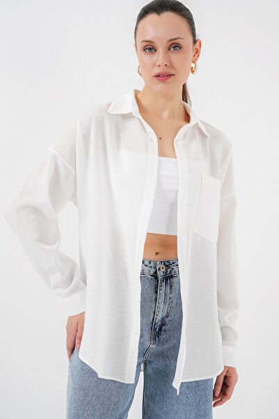 EKİNORA Kadın Tek Cepli Oversize Poplin Gömlek