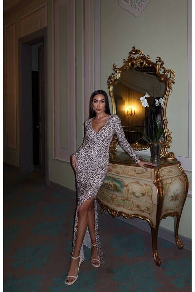 Julidress Beige V-Neck Lined Slit Maxi Long Length Premium Sequined Dress