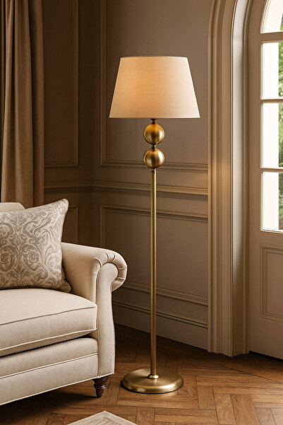 Vinner Plus Nobile Gold İkili Küreli Lambader – Krem Şapka, Metal Gövde, Modern Salon Aydınlatması