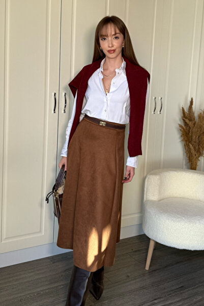 Dilay Gökoğlu Butik Suede Stylish Midi Skirt
