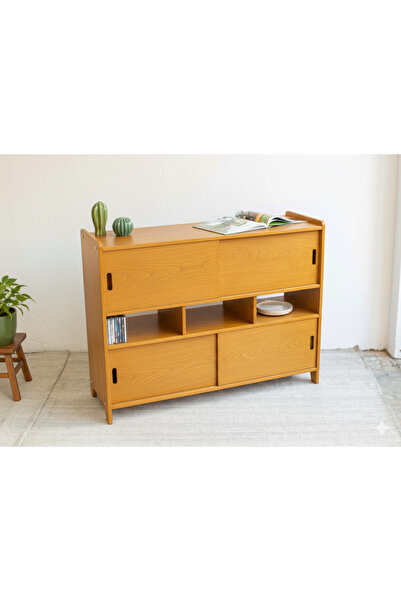BLAN studio Ahşap Sürgü Kapaklı Büfe Çok Bölmeli Konsol Bal
