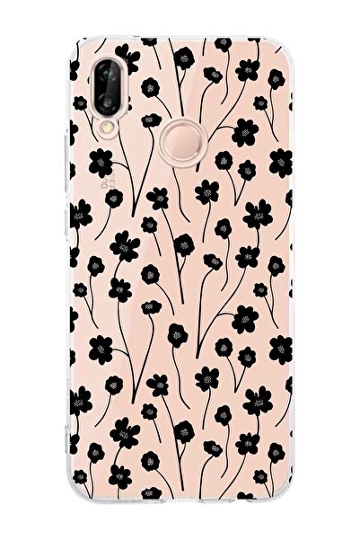 FLAMENKO حافظة هاتف شفافة بنمط زهرة سوداء متوافقة مع هاتف هواوي P20 لايت