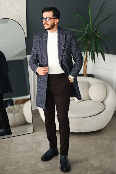 Avni Ceylan Classic Slim Fit Men's Cashmere Coat Navy Blue