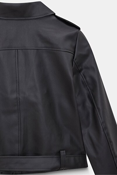 Saade Women's Relax Fit Shirt Collar Belted Pocket Faux Leather Biker Crop Jacket - Zipper Detail