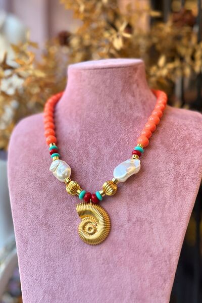 Meva Takı ve Aksesuar Orange & Pearl Detailed Spiral Necklace I Mev'Armoni Co...