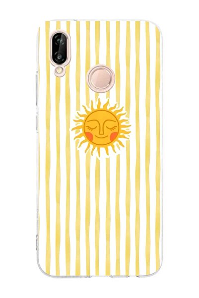FLAMENKO حافظة هاتف شفافة متوافقة مع هاتف هواوي P20 لايت بنمط شمس مخطط باللون...