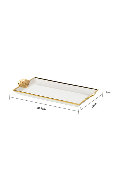 Malooki Porcelain serving platter with gold handles in leaf shape, 40.5×20 cm