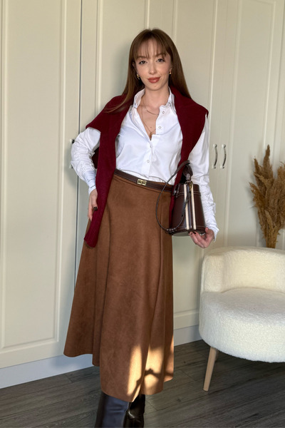 Dilay Gökoğlu Butik Suede Stylish Midi Skirt