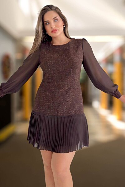 Moda Amore Women's Evening Dress - Pleated Skirt Tuvid Woven Long Sleeve Midi Length 021