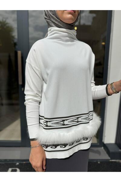 MissWhence Mi̇ss 264 Feather Detail Women's Tunic White