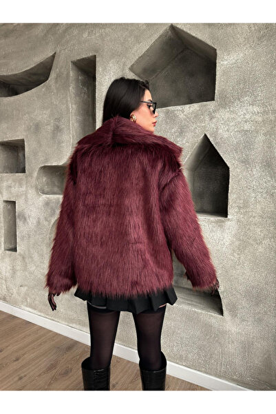 HARMONY GLOBAL Дамско палто с шалче, бордо, средна дължина, закопчаване с копчета, изкуствена кожа - меко, стилно и модерно палто 2429