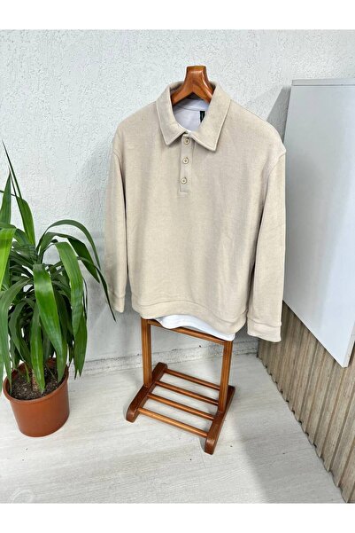 Erkek Yarım Oversize Polo Yaka Rahat Kalıp Kalın Kışlık Sweat Kazak