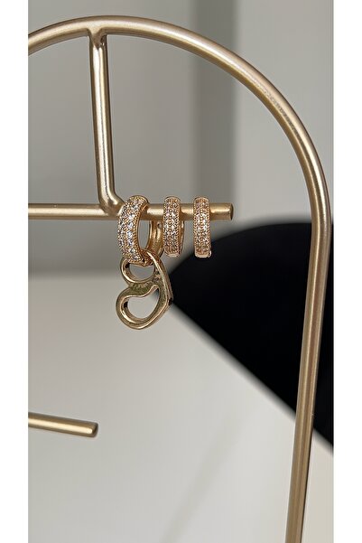 SU PERİSİ TAKI BİJUTERİ Gold Thick Ring with Detail Hearts Set of 3 Earrings