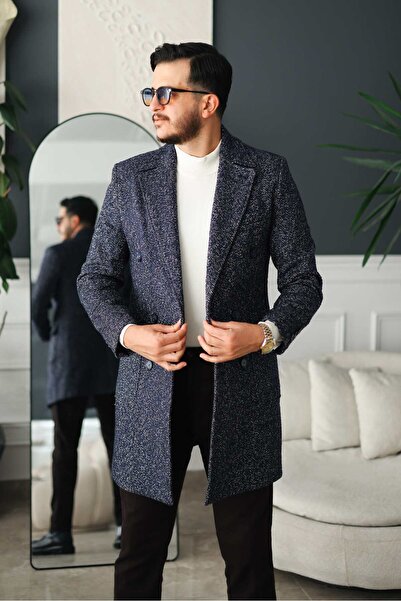 Avni Ceylan Classic Slim Fit Men's Cashmere Coat Navy Blue