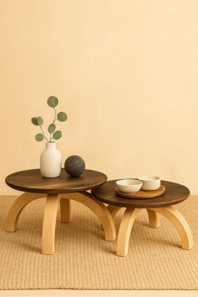 Onouqo Palermo Bold Duo 2'li Yuvarlak Modern Rustik Retro Dekoratif Ahşap Yan...