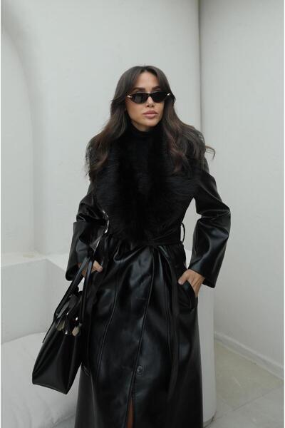 Havoş Black Buono Fur Collar Leather Coat