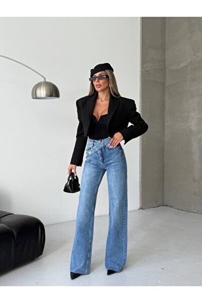 MEECY Pantaloni de damă talie înaltă cu detaliu curea Palazzo material elastic din denim