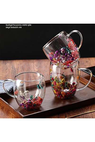 ÇARŞI HANEM Double Wall Glass Mug with Dried Flowers 250 ml