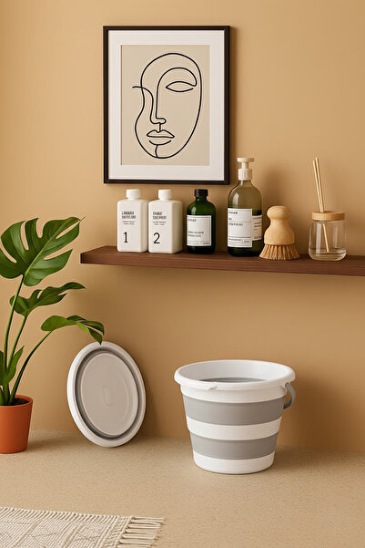 EVONİTA Katlanabilir 12 LT Silikon Kova - Taşınabilir Su Kovası - Kamp, Piknik, Temizlik Kovası Gri Beyaz