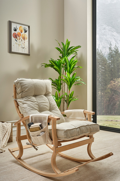 ÖZMOB Relax Lüx Ahşap Minderli Çift Cepli Sallanan Sandalye Emzirme Koltuğu Sallanan Koltuk TV Koltuğu