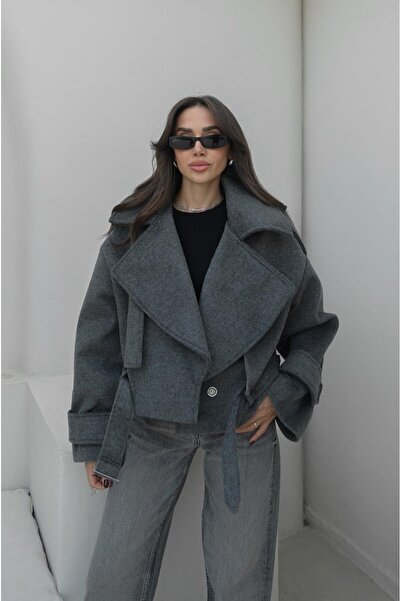 Havoş Κοντό παλτό από κασμίρ με ζώνη ανθρακί χρώματος Rajan