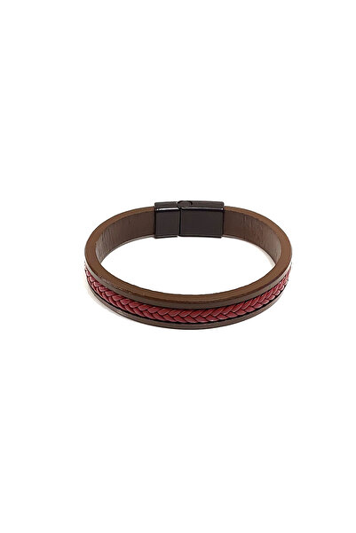 Herşey Nota Red Brown Herringbone Braided Genuine Leather Men's Bracelet |   Magnetic Metal Buckle