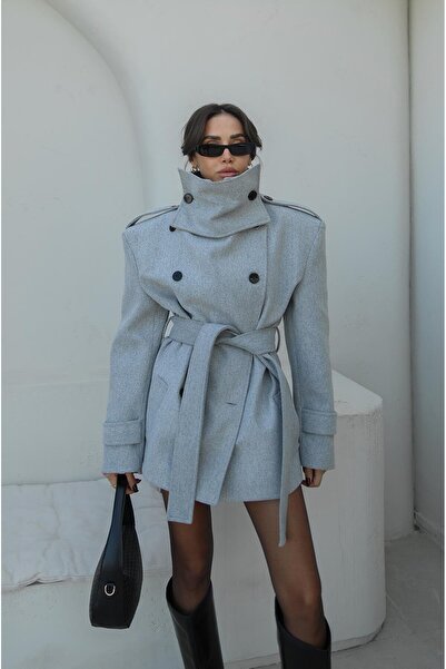 Havoş Gray Mock Neck Shoulder Pad belted coat