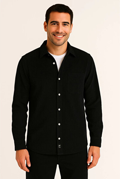 JANES Men's Corded Fabric Velvet Pocket Shirt Oversized Comfortable Fit - Black