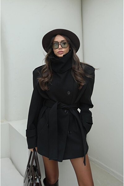 Havoş Black Mock Neck Shoulder Pad Piece Belted Coat
