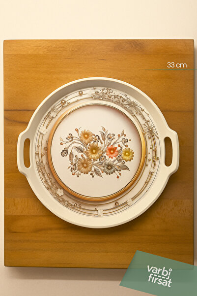 Varbifırsat 33 cm Floral Patterned Round Presentation Tray – Serving Tray with Handles and Non-Slip Base