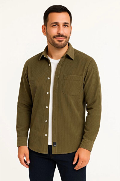 JANES Men's Corded Fabric Velvet Pocket Shirt Oversized Comfortable Fit - Khaki