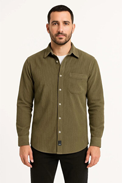 JANES Men's Corded Fabric Velvet Pocket Shirt Oversized Comfortable Fit - Khaki
