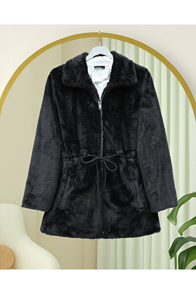 Şule Giyim Beli Bağcıklı İçi Astarlı Kürklü Peluş Mont