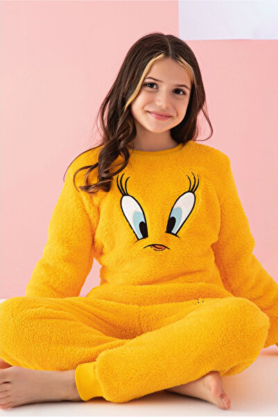 Mrs Justin Kız Çocuk Welsoft Sarı Civciv Sevimli Figürlü Peluş İkili Pijama Takımı