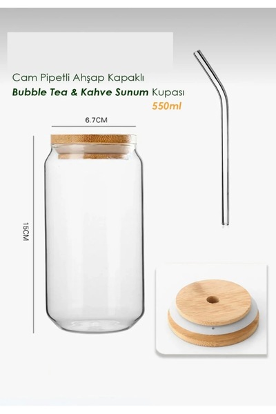 Store 550 ml Isıya Dayanıklı Cam Pipetli Bambu Kapaklı Bubble Tea Ve Borosilikat Bardak