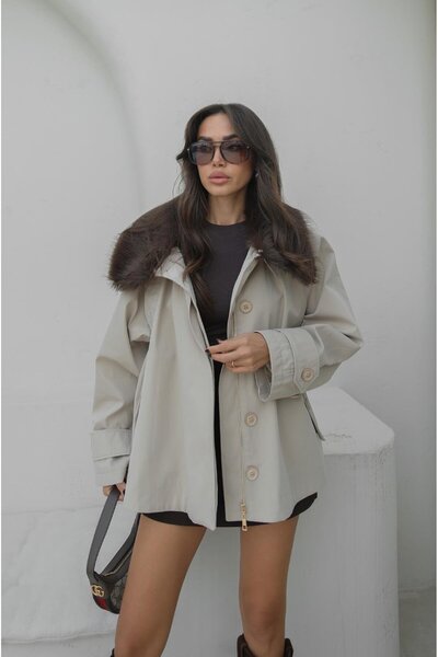 Havoş Beige Detachable Fur Jacket